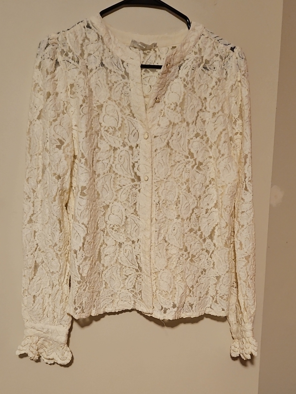 Ivory Lace Long-Sleeve Button Front Blouse